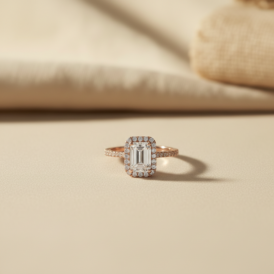 A halo ring with an emerald-cut center stone and small side stones, set in a warm yellow metal, resting on a terracotta tile over sand with neutral props.