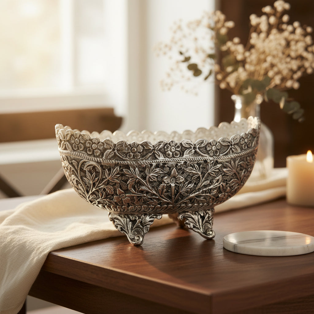 Silver Plated Floral Filigree Fruit Bowl - NyuMe