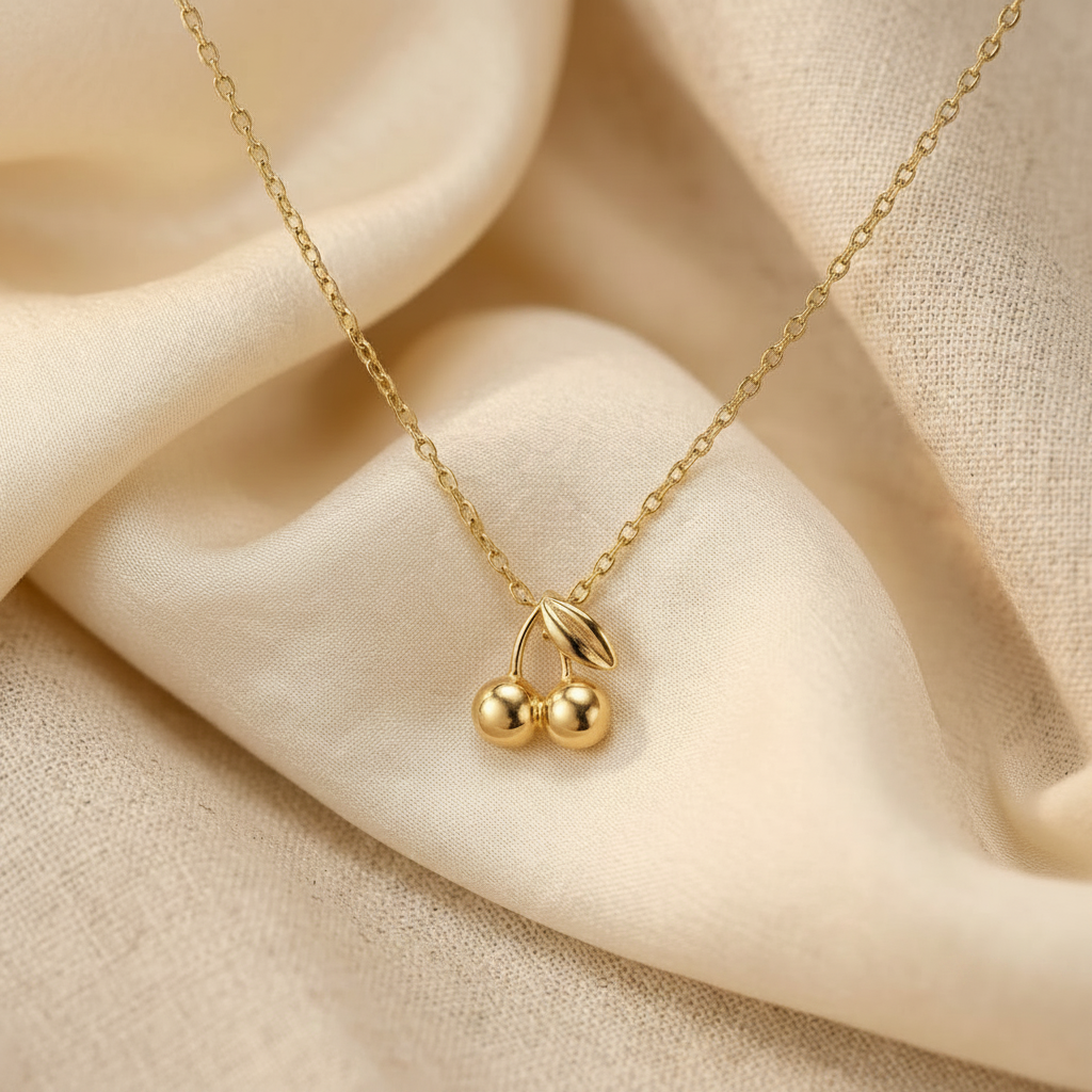 A delicate gold chain necklace with a cherry pendant, displayed on draped cream-colored fabric.