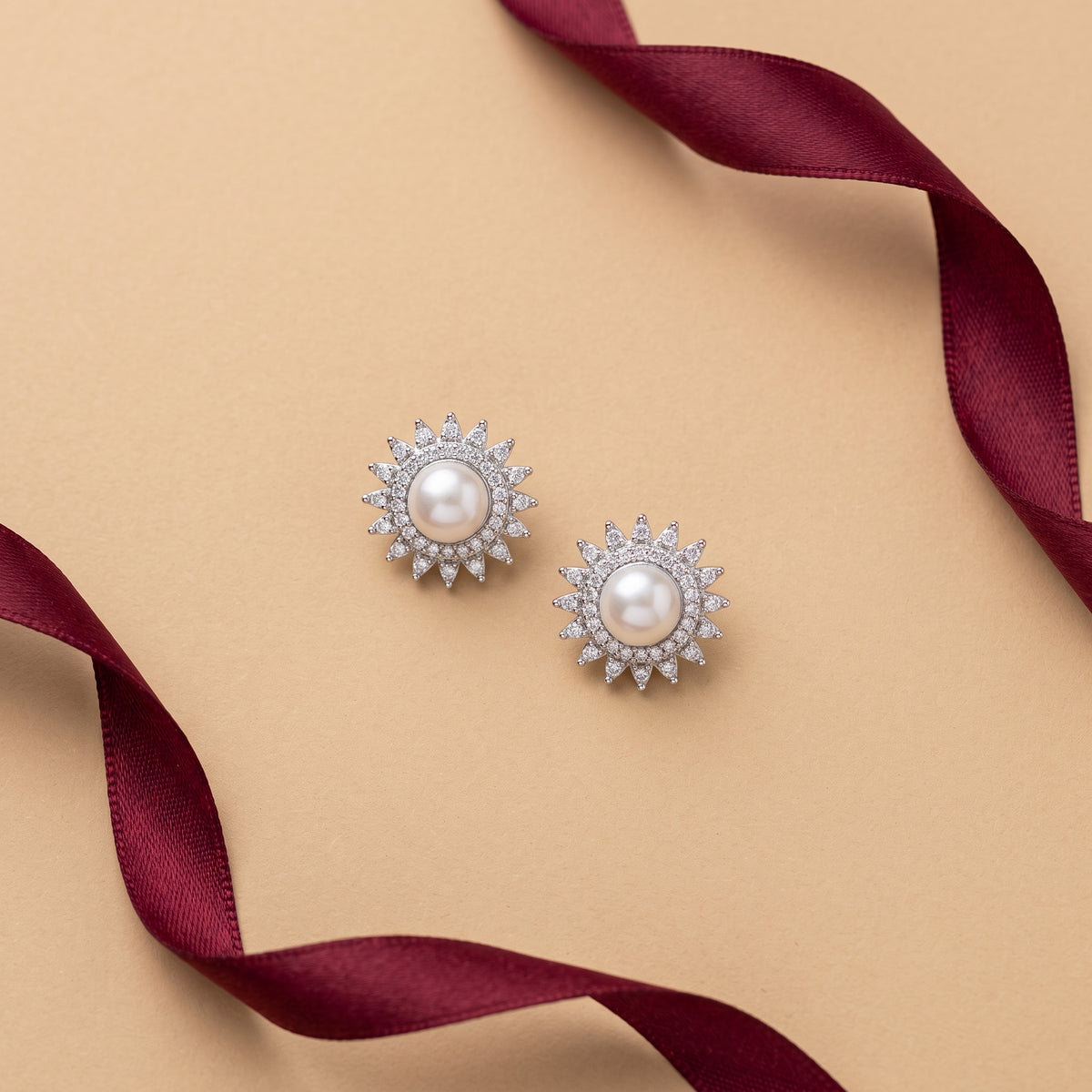 Starburst Pearl Stud Earrings in Silver