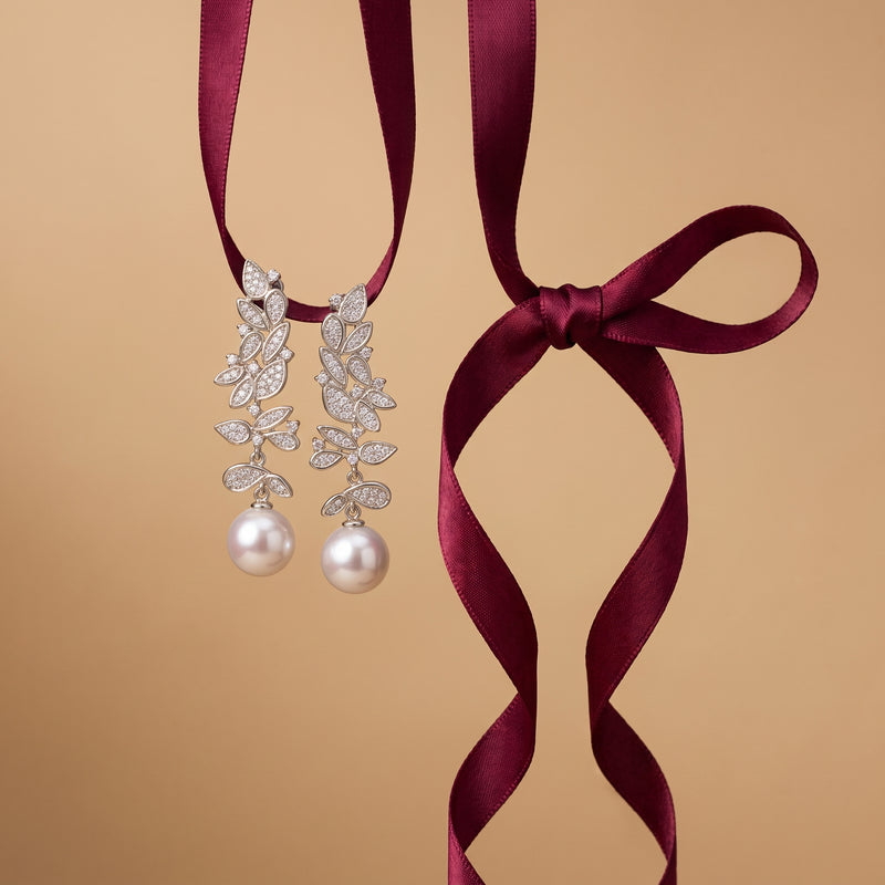 Leaf Cluster Pearl Drop Earrings