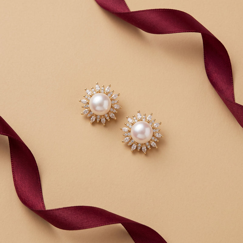 Starburst Pearl Stud Earrings in Silver