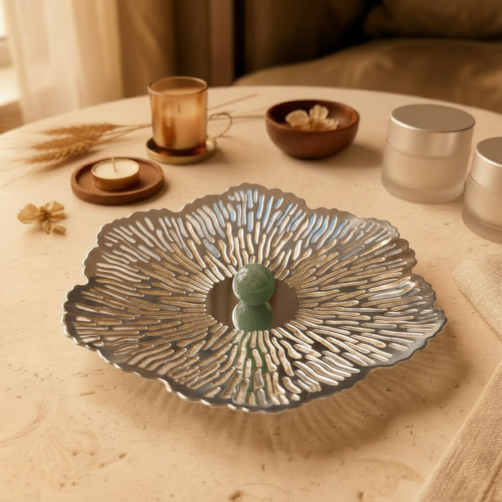 Silver Plated Kamal Patra Platter Green Bead - NyuMe