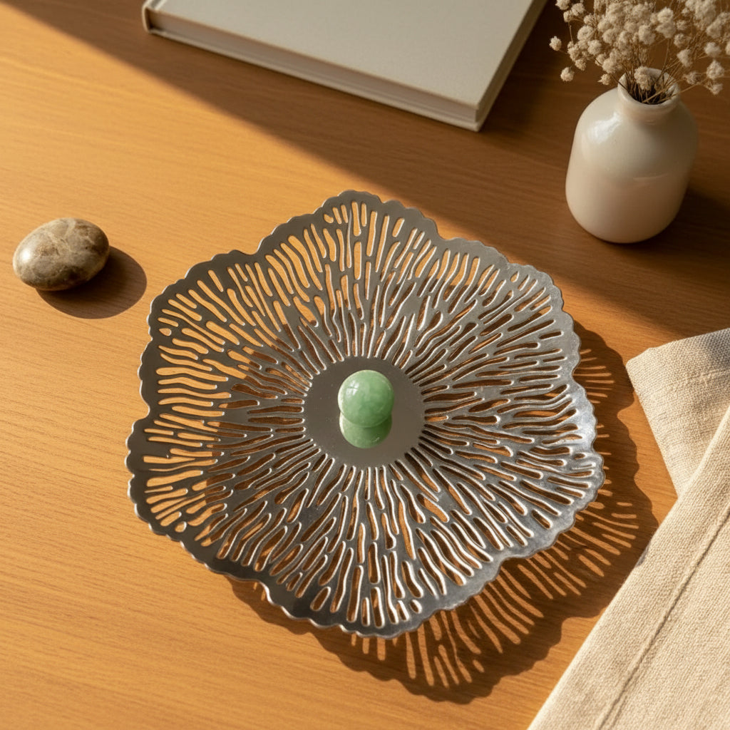 Silver Plated Kamal Patra Platter Green Bead - NyuMe