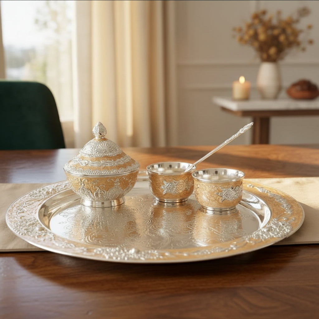 Peach Ashtamangal Silver Plated Set - NyuMe