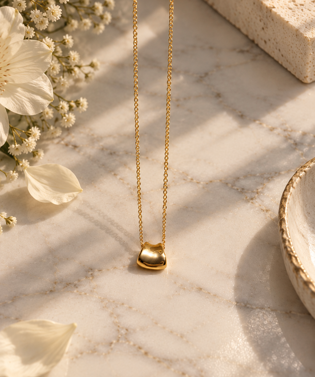 A delicate gold chain necklace with a small, polished gold bead pendant, styled on a light marble surface with white flowers and a textured stone block.