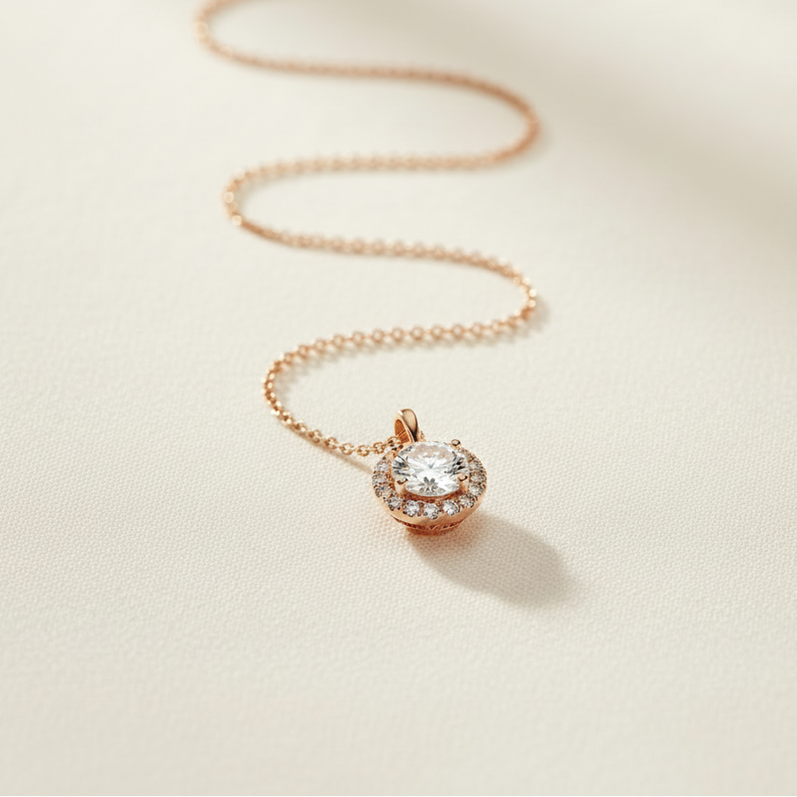 A rose gold necklace with a halo pendant set with clear gemstones, resting on a textured cream surface.